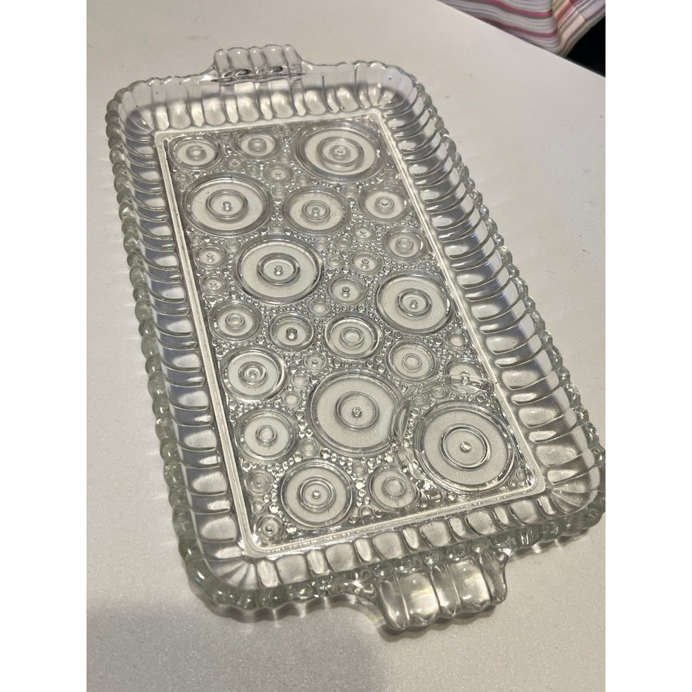 Vintage Glass Serving Tray Bubble Circle Pattern Handled Relish Vanity Display